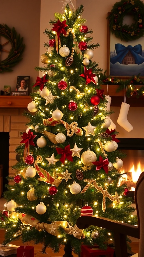 Traditional Christmas Tree Decoration Ideas A traditional Christmas tree decorated with lights, ornaments, and natural elements in a cozy living room.